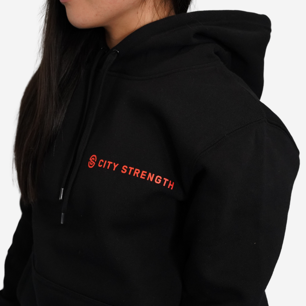 Citystrength black hoodie with red logo on chest 