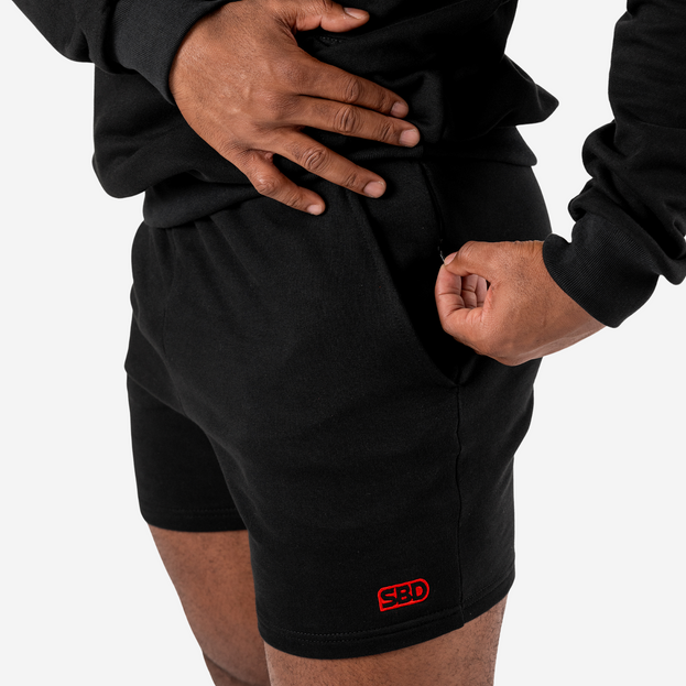SBD shorts black men's style with zip pocket next to side pocket and SBD logo