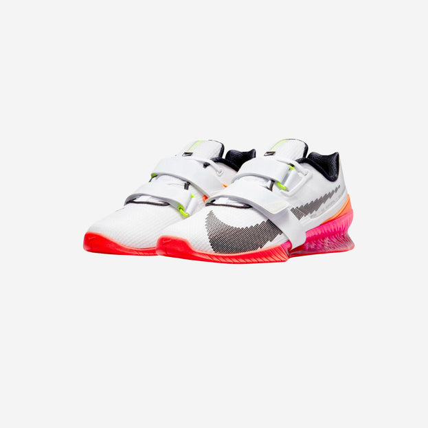 Pair of Nike Romaleos 4 in white with pink and organge sole
