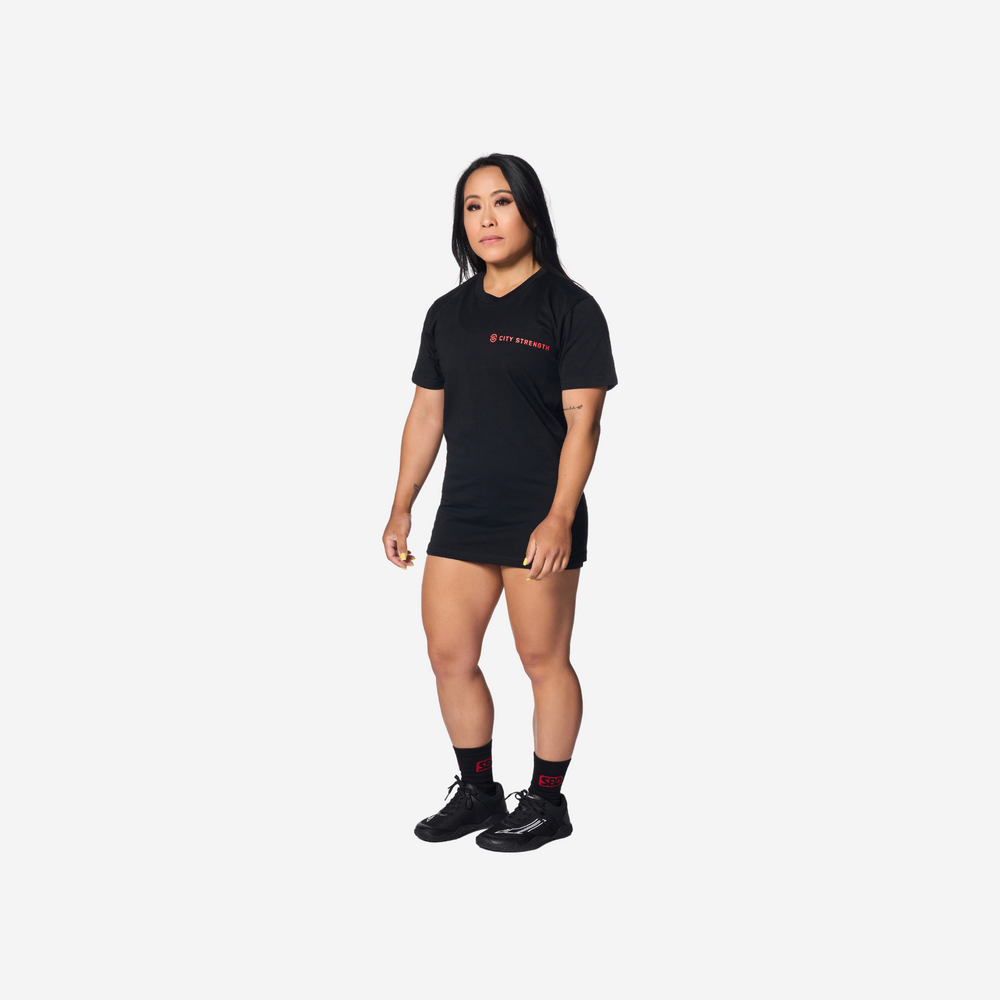 City Strength black t-shirt with red logo