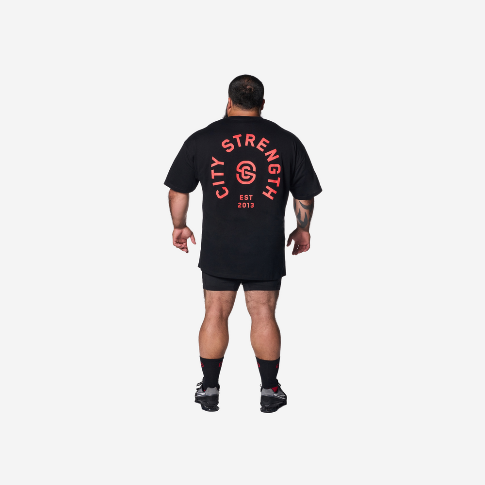City Strength black t-shirt with red logo at the back 