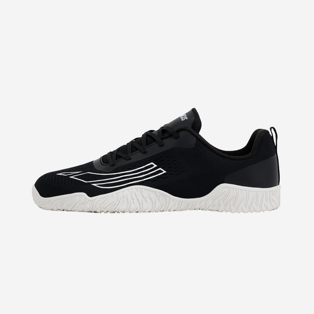 Black athletic shoe with white sole on a light gray background
